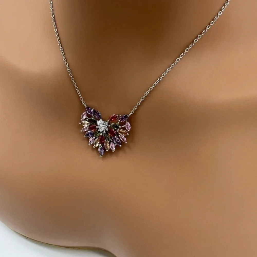Colorful CZ Silver Heart Necklace